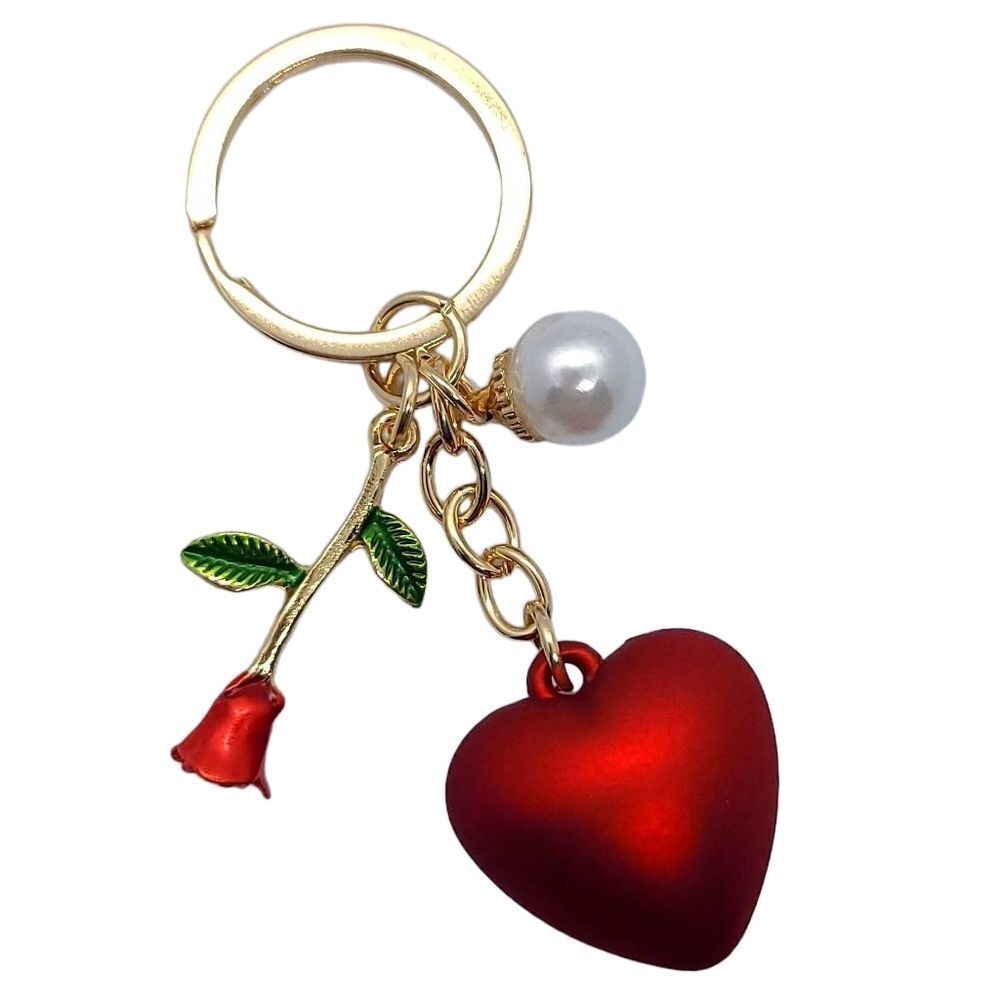 Red Puffy Heart 💖 Love Red Rose Flower Charm 💮 Keychain Keyring 🗝️Key Chain